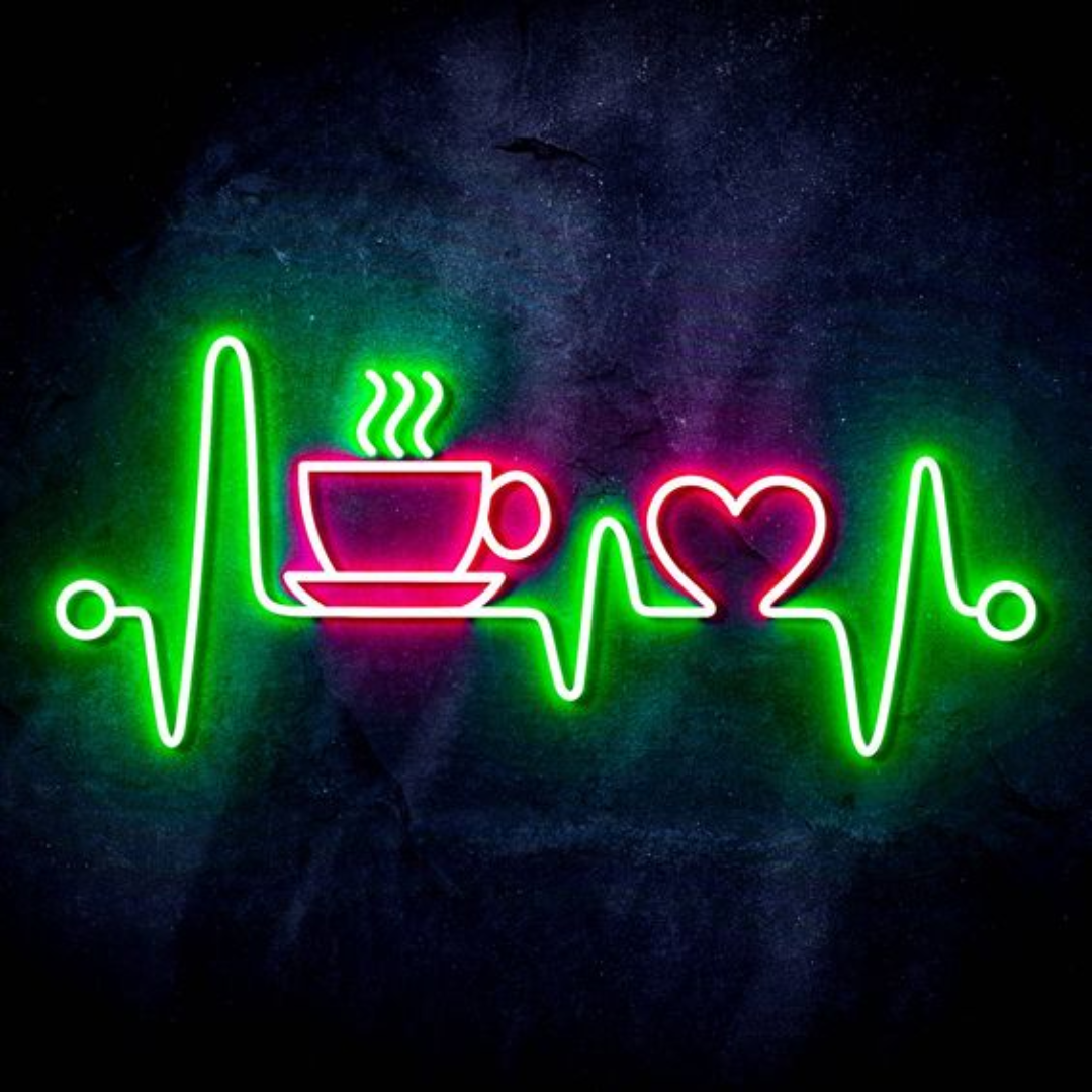 Heartbeat with Coffee and Heart Neon Sign